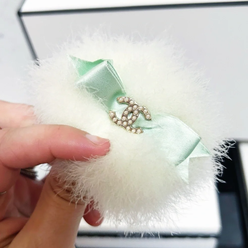 Authentic Chanel ULTRA RARE 04’ Runway Angora, Mint Bow & Pearl CC Brooch / Pin